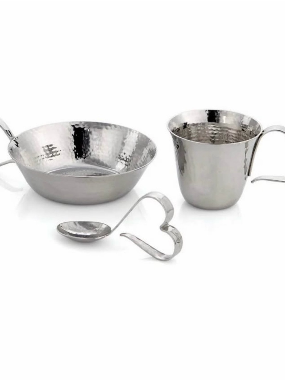 Michael Aram Heart Set: Hammered Stainless Steel Bowl, Cup, and Spoon Set